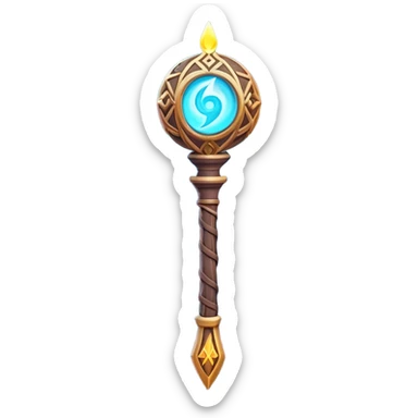 Clash of Clans aesthetic: Cinematic Playful Magic Staff Emoji, rendered in a 3D vector-style similar to standard emojis with minimal shading and bold, simplified shapes. A compact, isometric enchanted staff with intricate runic carvings and a glowing orb at its tip, softly glowing with a mystical arcane charm. Simplified yet unmistakably iconic, highly detailed and consistent, glowing with a soft radiant glow and high shine. Stylized with a touch of legendary sorcery and a soft glowing outline, capturing the essence of a powerful magic staff with a friendly, playful vibe! sticker