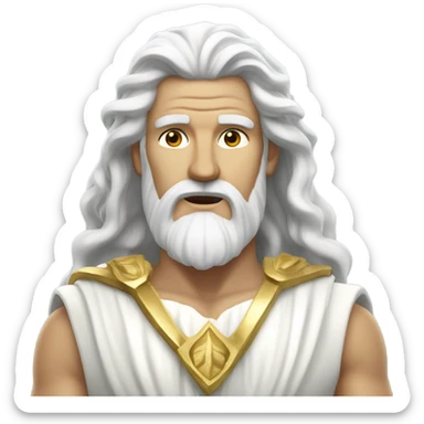 white man Poseidon. long white hair white dress. with gold hoses sticker