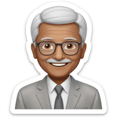 70 yr old indian man, short straight white hair brushed back, light grey business suit, big smile, dark brown skin, no moustache, dark brown eyes, glasses
 sticker