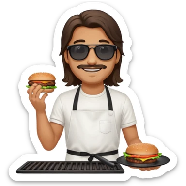 long hair man grilling wearing shade smiling in a white tshirt and a black apron grilling burger and meat on a sizzling grill sticker