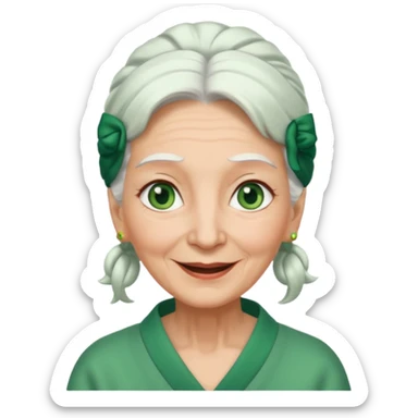 abuela con ojos verdes, pelo blanco, pelo blanco y amarrado, aspecto feliz, pelo blanco, no verde, solo verde los ojos sticker