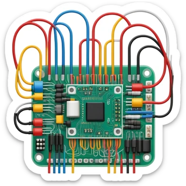An icon featuring a circuit board, electrical wires, symbolizing electrical engineering. The design includes resistors, capacitors, and a power transformer, representing the study of electrical systems and innovation. Transparent background highlights modern electrical technology sticker