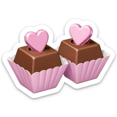 Two square milk chocolate Each of the two chocolates will have its own pralines only, Each praline is a sharp-edged cube with smooth glossy chocolate coating, placed in a small white fluted paper candy cup. On top of each cube is a flat pastel pink heart-shapedwith fine sugar crystal sparkle. sticker