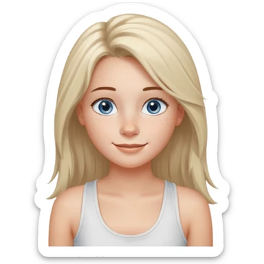 Una chica de tez blanca con pecas, nariz respingada, labios gruesos, ojos grandes color azul grisáceo, pelo largo, lacio, color avellana. Con una blusa de tirantes blanca. Que este sonriendo y q solo se vea de la cintura hacía arriba sticker