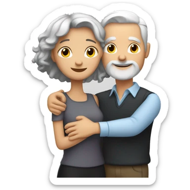 Couple hug. White man with grey hair and light tinted woma with black hair sticker