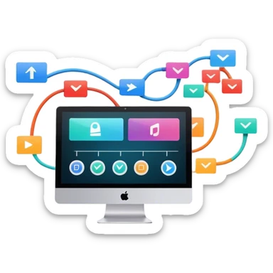 Animation and motion design. Show a computer screen with an animation timeline, moving frames, and a play button. Include motion design elements like flowing lines, curves, or rotating objects. Modern, creative colors. No emojis or smiley faces. Transparent background. sticker