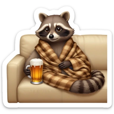 A cozy raccoon lounging at home, holding a cold beer, watching TV with a relaxed expression, warm indoor lighting, soft couch, and a comfy blanket. sticker