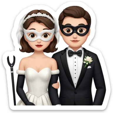 a recently marries couple skiing, masks on in wedding dress and tux sticker