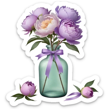"An antique glass bottle, its surface weathered by time, cradles a loose arrangement of pastel purple peonies with petals as soft as whispered secrets. A hand-dyed silk ribbon in muted lilac cascades down the neck of the bottle, its frayed edges telling a story of elegance and age. Sunlight streams through the glass, casting delicate, shifting silhouettes of petals onto the embroidered lace below, as if nature itself had painted a moment of quiet grace."






 sticker
