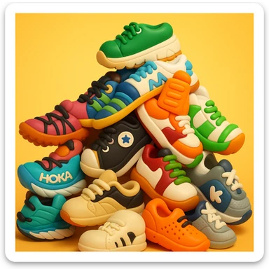 Transform this pile of mixed sneakers into a playful and vibrant 3D emoji style illustration, capturing the fun and lively essence of the original photo. sticker
