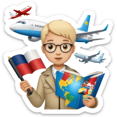 A child looking at a map 🗺️👀, a magnifying glass over different country flags 🔍🏳️, a passport and a plane ticket ✈️📄, and a student celebrating with books and a diploma 🎉📚🎓." sticker