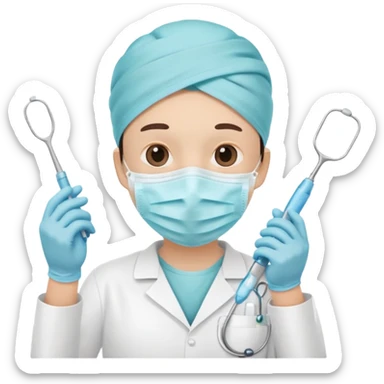 Tooth character wearing a medical face mask, holding dental equipment, clean flat illustration, simple emoji design, suitable for Canva.” sticker