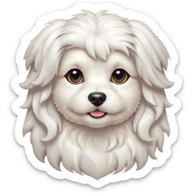 Cinematic Noble Wavy-Haired Maltese dog Portrait Emoji, Poised and regal, with a delicate, compact build and a pristine, wavy-haired white coat that cascades in gentle curls, deep-set soulful dark eyes, Simplified yet sharp and sophisticated features, highly detailed, glowing with a soft, dignified glow, high shine, intelligent and gentle, stylized with an air of refinement, focused and attentive, soft glowing outline, capturing the essence of a watchful and graceful companion, so majestic it feels as though it could prance out of the screen with effortless authority! sticker