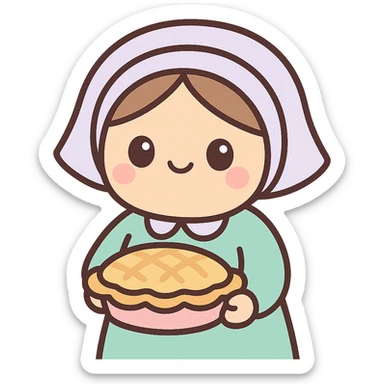 cute kawaii style emoji of an Amish woman holding a pie, wearing a bonnet sticker