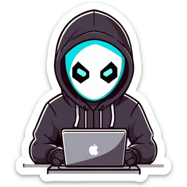 Menacing robot hacker in dark hoodie with glowing screens, digital circuits, malicious smile sticker