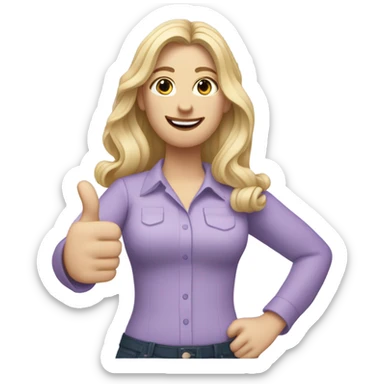 Woman, white skin, pale skin, long hair, blonde hair, wavy hair, lavender blouse, two thumbs up sticker