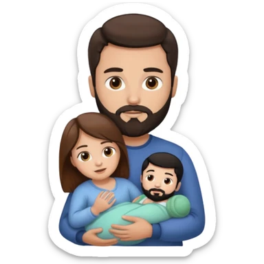 Una mujer con pelo castaño y ojos marrones  con un bebé y un hombre con pelo negro y barba sticker