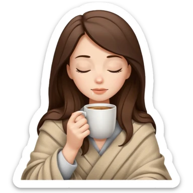girl with brunette hair wrapped in a blanket, sipping coffee, eyes closed sticker