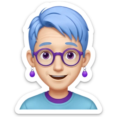 light blue haired man mid length hair with big ears and purple earrings and spectaclesi happy sticker