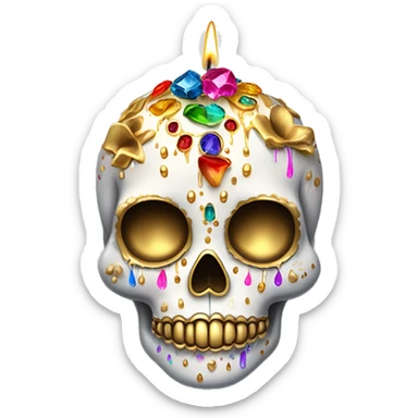 Realistic white sugar skull decorated with colorful rhinestones with a tall metallic gold candle on top of its head dripping down melted metallic gold wax down the skull sticker