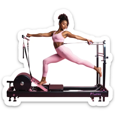 Brown girl in pink outfit on pink reformer pilates sticker
