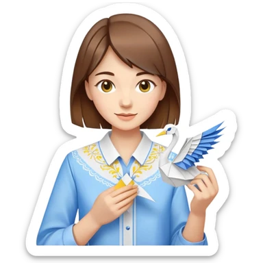 A happy Ukrainian young girl with brown hair in a white embroidered shirt makes an origami of a yellow and blue crane sticker