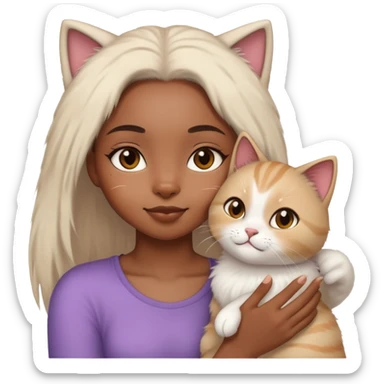 Black girl with straight hair playing with a cat sticker
