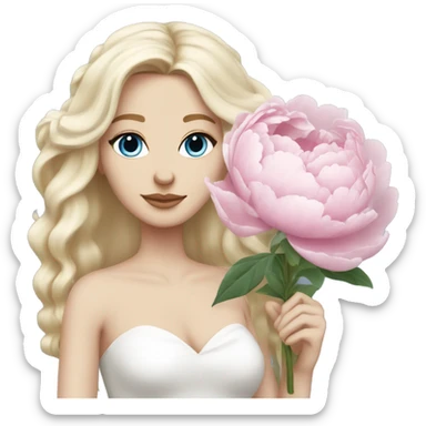 White bride with long light blonde hair and blue eyes with light pink peonies in hair white skin  sticker