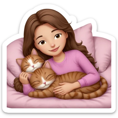 girl with wavy long brown hair, brown eyes, light to medium complexion, long lashes, light pink lipstick, smiling, wearing light pink shirt, sleeping on a cozy pillow, cuddling a brown tabby cat  sticker