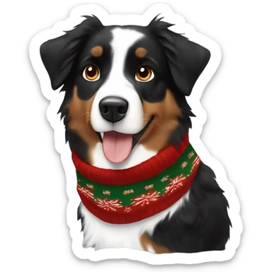 Black and brown Australian shepherd with Christmas sweater sticker