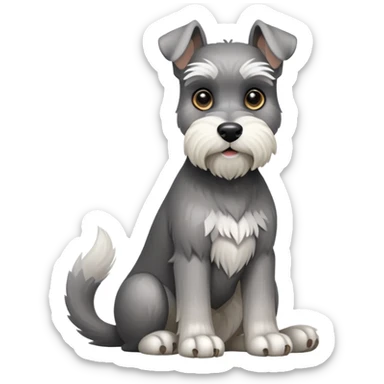 cinematic-[schnauzer]-realistic-full-body-sitting-emoji,-tail-resting-loosely-beside-its-paws,white eyes-head-tilted-dramatically, -sleek-[grey]-fur,-simplified-yet-realistic-focused-features,-highly-detailed,-glowing-with-an-almost-sarcastic-glow sticker