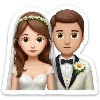 A woman with long brown hair and fair skin wearing a wedding dress and veil. A man with short brown hair and fair skin (clean-shaven) wearing a white suit with a flower.
 sticker