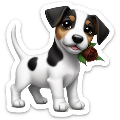 A jack russell puppy with a black rose sticker