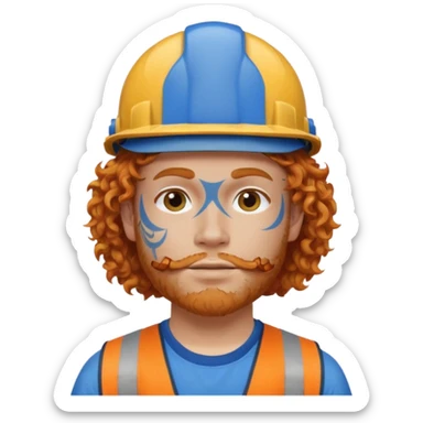 construction worker man ginger curly hair, blue helmet and heavy face tattoo sticker