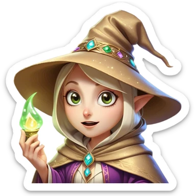Clash of Clans aesthetic Comical Mage Portrait Emoji, Head tilted dramatically with an exaggerated, fun expression and wide, comically expressive eyes beneath an oversized hat, featuring a quirky, compact robed form with animated magical sparkles and natural skin tone, Simplified yet hilariously expressive features, highly detailed, glowing with a slightly sassy enchanted glow, high shine, dramatic yet playful, stylized with an air of cheeky arcane mischief, soft glowing outline, capturing the essence of a meme-worthy mage who conjures laughter in epic quests! sticker