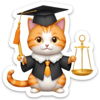 cat wearing a graduation cap, holding scales of justice sticker