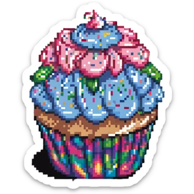 large cupcake with pink frosting covered in rainbow sprinkles in pixel art style sticker