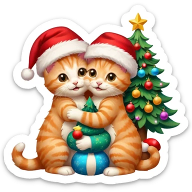 two hugging cream happy fluffy cute smiling kittens with Santa hats by a colorful multicolored brightly lit up Christmas tree sticker