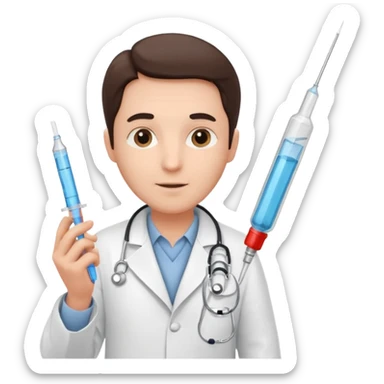 doctor of medicine holding very big syringe sticker