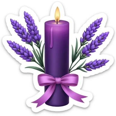 a beautiful aesthetic bouquet of dark purple and light pink lavender tied with a silk purple ribbon and next to it a pink decorative candle  sticker