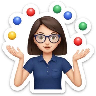 a cute brunette girl in a navy shirt wearing glasses,  juggling multicolored balls with two hands  sticker
