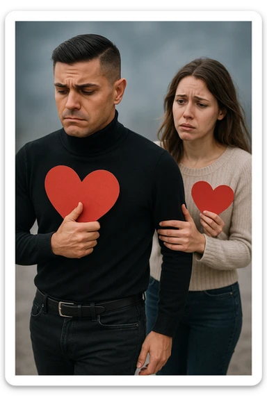 un uomo italiano in abiti casual si allontana da una donna che cerca di abbracciarlo. Lui stringe al petto un grande cuore rosso, mentre lei ne tiene uno più piccolo; entrambi hanno espressioni tristi, e la distanza emotiva è sottolineata da uno sfondo sfocato e freddo. sticker