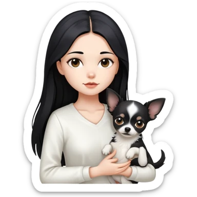 A girl with fair skin, long black hair, white clothes, gently tilting her head, holding a black Chihuahua tightly with both hands sticker