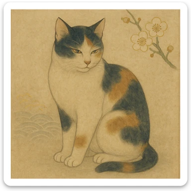 {
  "style_description": {
    "overall_look": "Traditional Japanese painting with a refined and serene aesthetic rooted in classical techniques",
    "material_simulation": {
      "primary_material": "natural pigments on washi or silk",
      "texture_detail": "subtle paper grain, matte finish, soft brushwork",
      "pattern": "occasional use of classical Japanese motifs such as plum blossoms, waves, or cranes"
    },
    "geometry": {
      "edge_style": "fluid and organic linework with gentle outlines",
      "dimensionality": "flat perspective with carefully balanced negative space"
    },
    "color_palette": {
      "scheme": "earthy and muted tones with occasional gold or mineral highlights",
      "preferred_colors": ["indigo", "sumi black", "reddish brown", "soft greens", "off-white"],
      "contrast": "low contrast, harmonious tones"
    },
    "lighting": {
      "type": "diffused, implied through tone rather than shading",
      "purpose": "maintain the contemplative and meditative quality of the piece"
    },
    "render_constraints": {
      "avoid": ["realistic lighting", "high saturation", "modern cartoon outlines", "digital gradients"],
      "focus_on": ["natural harmony", "elegance", "quiet emotional expression"]
    },
    "background": {
      "color": "neutral or light washi-inspired background",
      "style": "plain or softly patterned with traditional elements",
      "lighting_consistency": "flat and even, no cast shadows or dramatic highlights"
    }
  }
}

{subject} = cat sticker