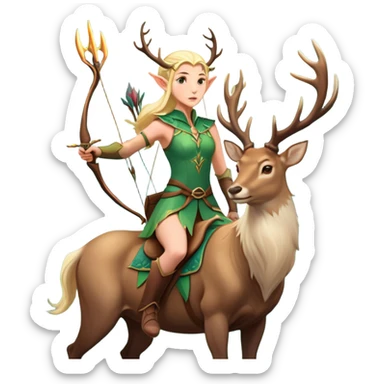 clash-of-clans-aesthetic-blond-elf-archer-portrait-emoji, rendered in a flat, vector-style with minimal shading and bold, simplified shapes, head tilted slightly forward with a determined, focused expression, riding a majestic stag whose luminous antlers glow with mystical energy, set against an ancient, enchanted forest backdrop. sticker