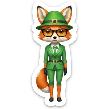 serious anthropomorphised female fox in stylish St. Patrick's Day outfit with sunglasses, looking sad and alone, full-body view sticker