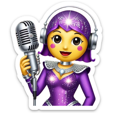 Create a glamorous and vibrant emoji representing stage vocal performance. The design should feature a humanless collage of classic vintage microphone, stage costume covered in rhinestones, large scene speakers, scene lights. The costume should be stylized, with glittering elements like sequins and sparkles, and reflect the glitzy, extravagant nature of show business. The microphone should have a sleek, retro look with chrome or metallic accents. Use rich, dazzling colors like gold, silver, deep purple, and bright red to evoke the glamorous, larger-than-life feel of a stage performance. The background should be transparent. sticker