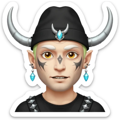 white skin Rock-style man — piercings, glowing tattoos on face, black hat with horns sticker