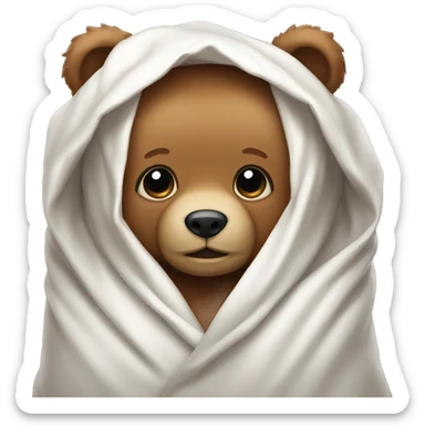 A teddy bear with a white blanket wrapped around it sticker