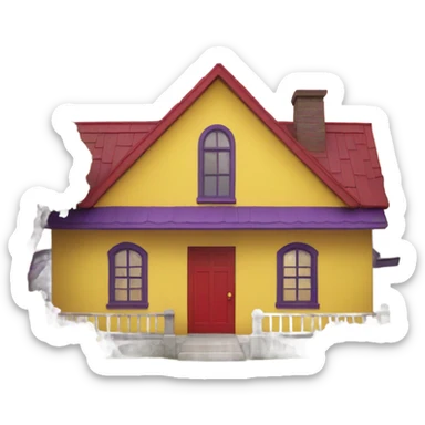 A house with a red roof on the yellow outside and a purple door sticker